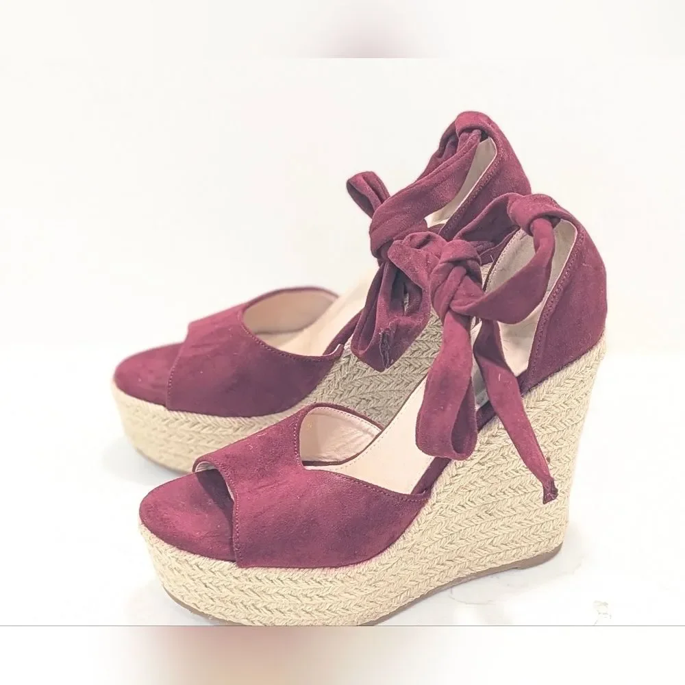 Alegra K High Heel Espadrilles Platform Strapy Tie Burgundy Suede Shoe Wedge 8.5